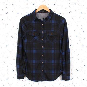 Black Navy Blue Knit Button Up Plaid Shirt